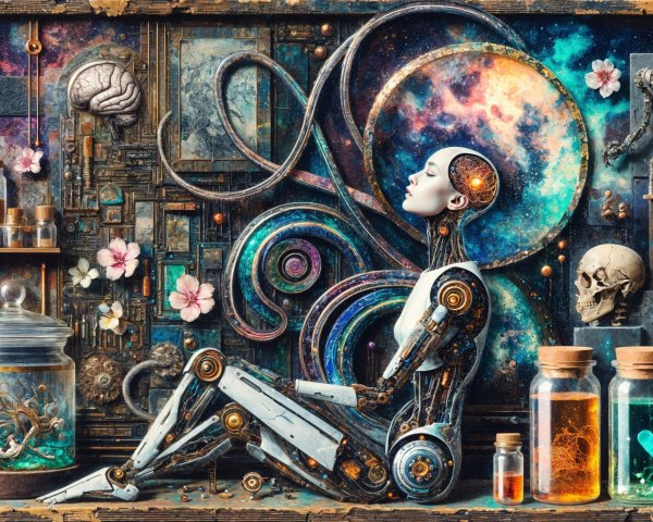 Surreal Steampunk Artwork with Robotic Figure and Cosmos