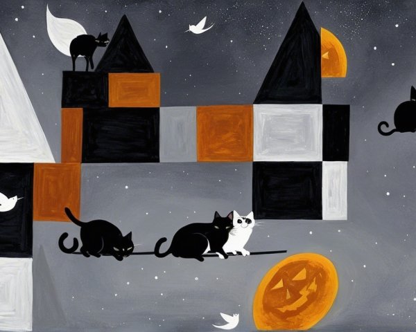 Whimsical Halloween Scene with Cats and Geometric Shapes