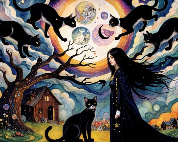 Whimsical Landscape with a Girl and Floating Cats
