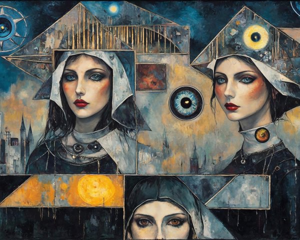 Impressionistic Oil Painting of Women's Faces at Night
