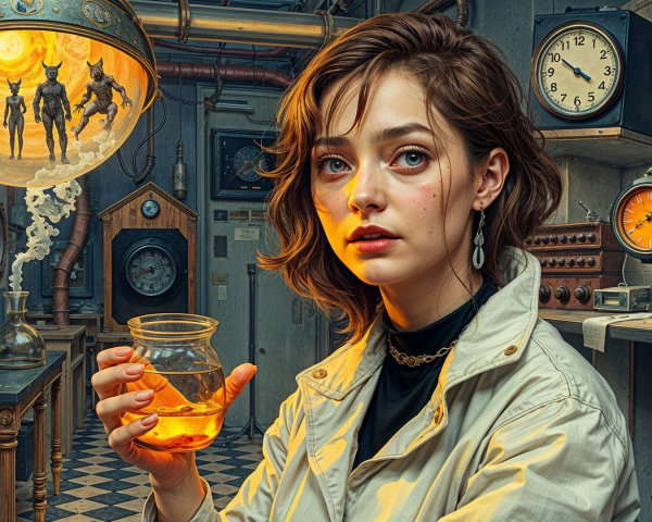 Vintage Laboratory with Glowing Liquid and Gadgets