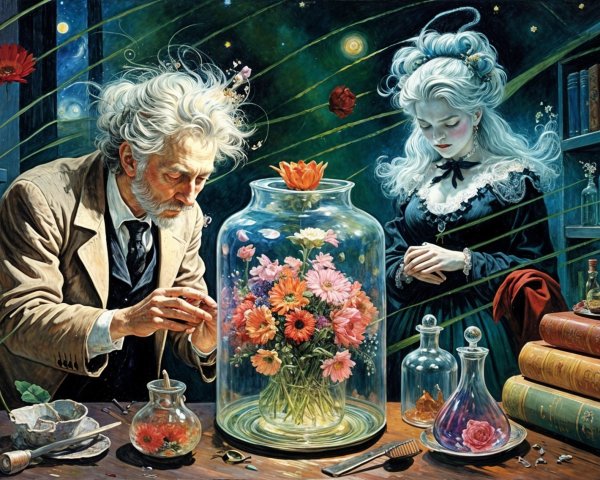 Elderly Man Arranging Flowers in Mystical Workshop