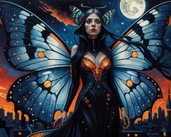 Mystical Figure with Butterfly Wings at Sunset Cityscape