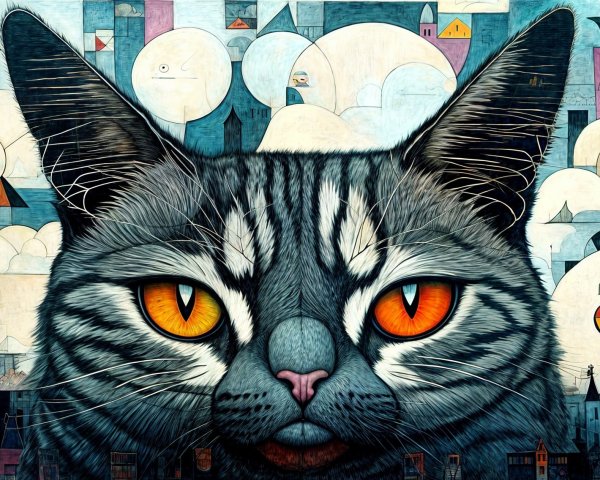 Stylized Cat with Orange Eyes and Abstract Background