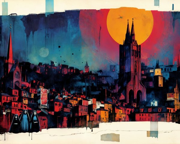 Dramatic Cityscape at Dusk with Gothic Architecture