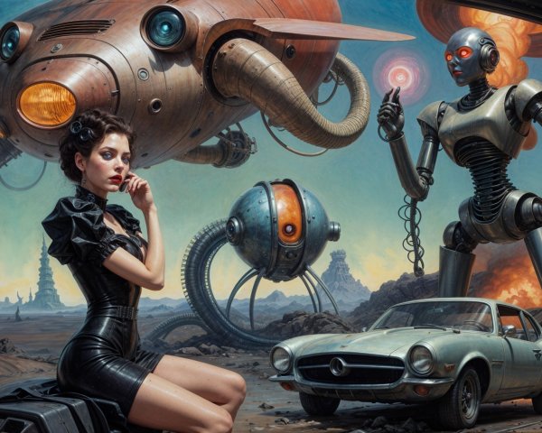 Futuristic Scene with Woman, Robots, and Spacecraft