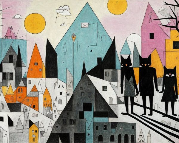 Whimsical Abstract Landscape with Colorful Houses