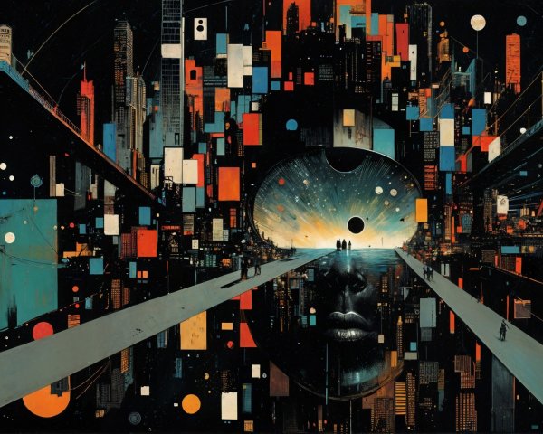 Abstract Cityscape with Surreal Human Face Elements