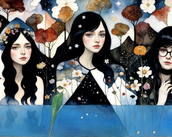 Three Ethereal Women in a Dreamlike Floral Landscape