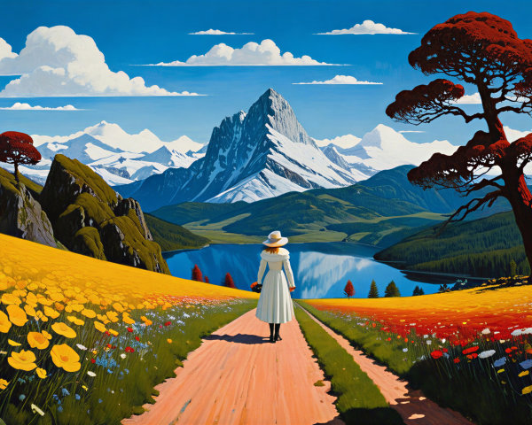 Vibrant Landscape with Woman in White Dress and Flowers