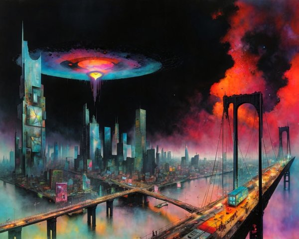 Neon-lit futuristic cityscape with floating structure and colorful clouds