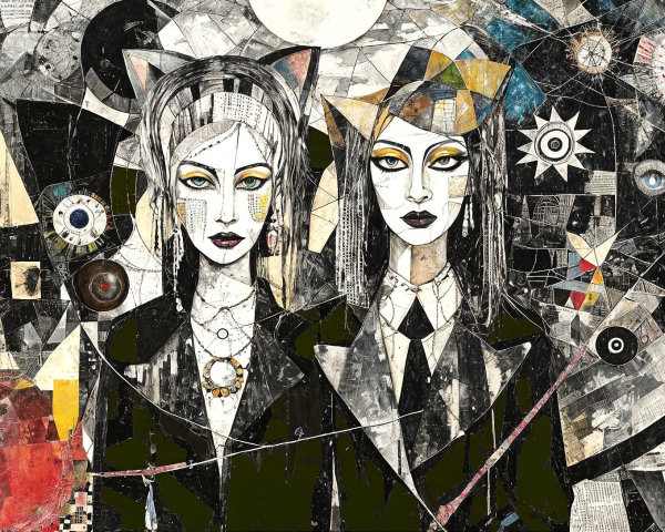 Feline Figures in Suits Against Abstract Background