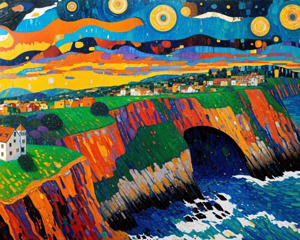 Vibrant Cliffside Landscape with Colorful Village and Ocean