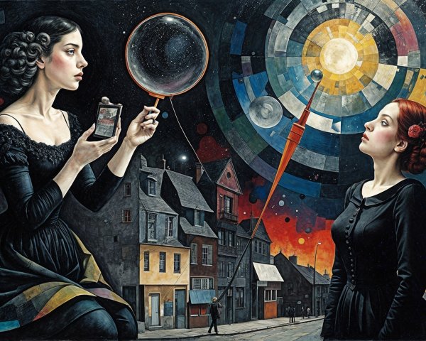 Surreal Scene of Women in Black Dresses and Cosmic Orb