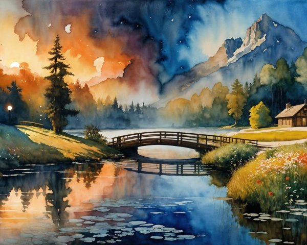 Tranquil Lake at Sunset with Mountains and Cabin