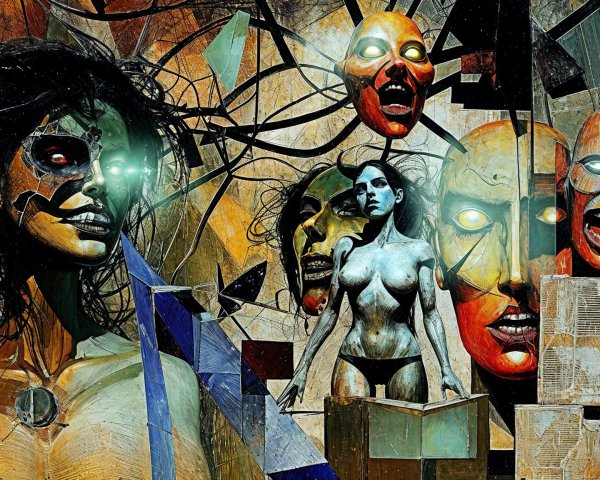 Surreal Collage with Central Woman and Chaotic Background