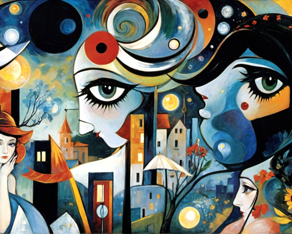 Vibrant Surreal Artwork with Two Faces and Abstract Designs