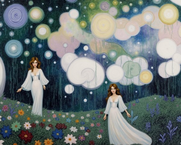 Whimsical Landscape with Ethereal Figures and Flowers