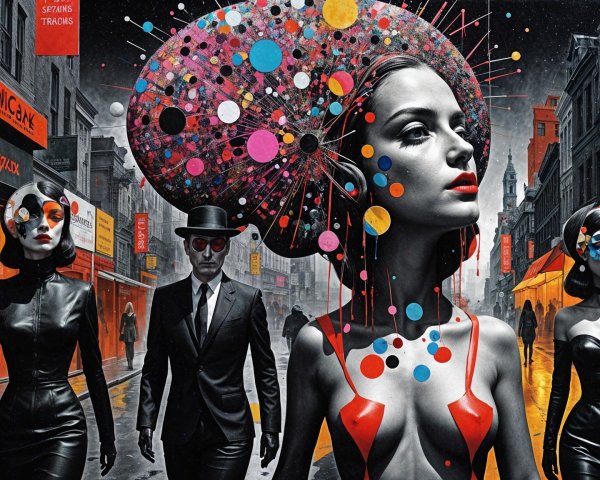 Surreal Urban Scene with Figures in Black Attire