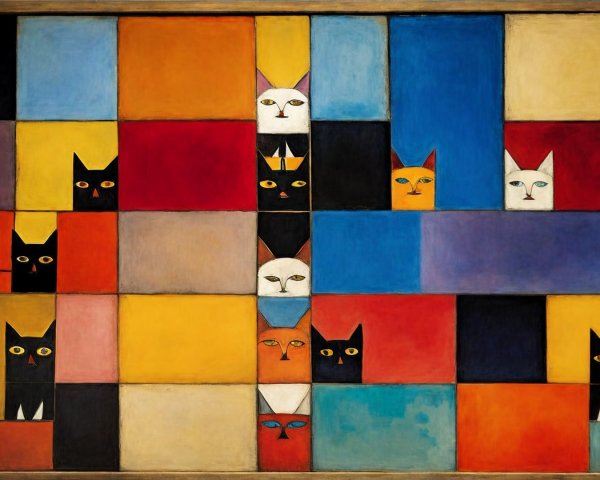 Colorful Geometric Squares with Stylized Cat Faces
