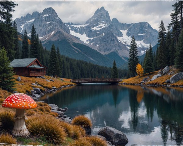Alpine Landscape with Lake, Mountains, and Mushroom