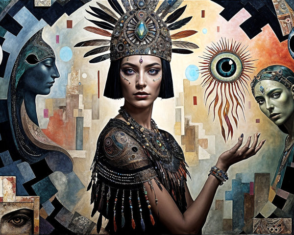 Portrait of a Woman in Tribal Attire with Symbols