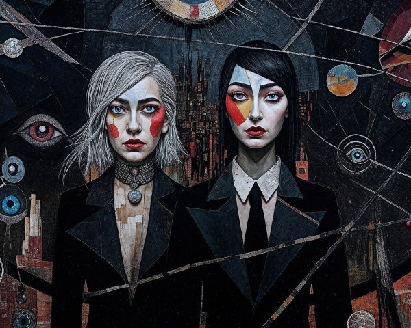 Women in Black Suits with Abstract Background Elements