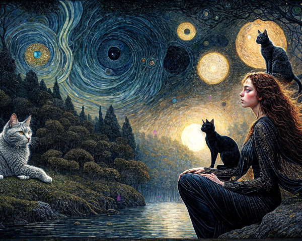 Young Woman and Cats by a Mystical Lake at Night