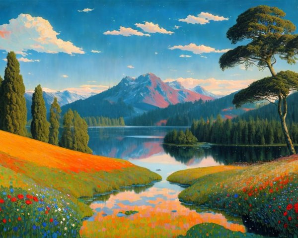 Vibrant Landscape with Lake, Mountains, and Wildflowers