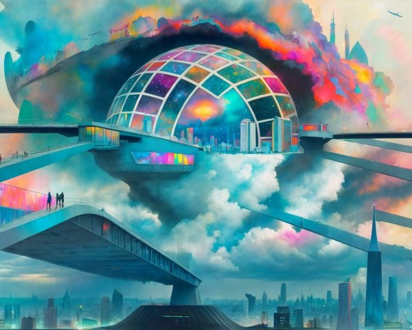 Futuristic cityscape with glass dome and cosmic scene.