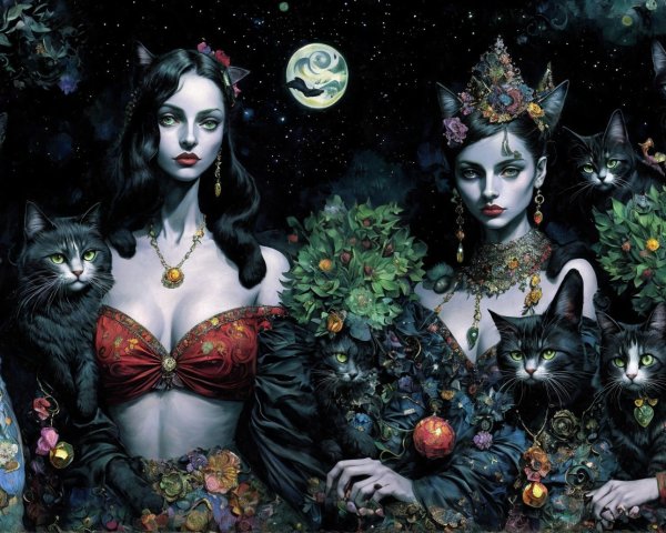 Elegant Women with Black Cats Under a Starry Sky