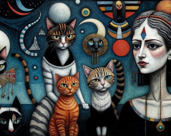 Colorful Scene of Woman with Stylized Cats and Celestial Elements