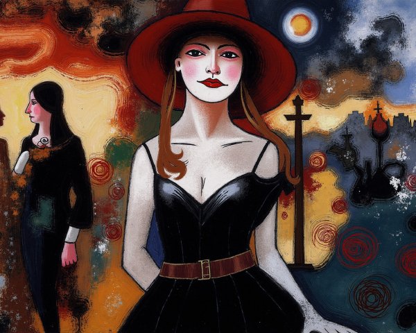 Artwork of a Woman in Black Dress and Red Hat
