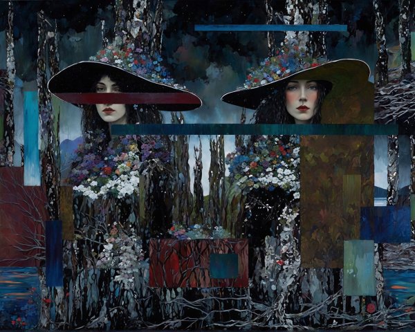 Mixed Media Painting of Two Female Faces in Nature