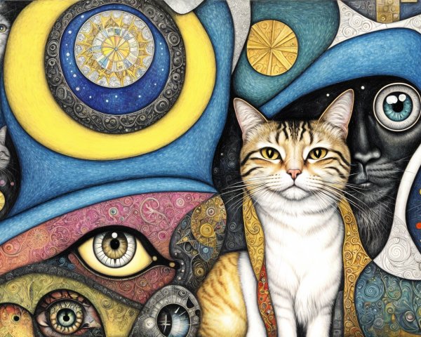Surreal Tapestry of Cats and Celestial Motifs