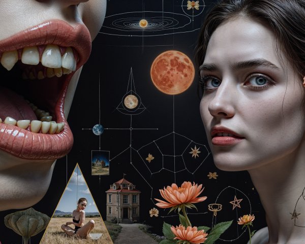 Surreal Collage of Young Woman and Celestial Elements