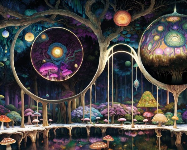 Fantasy forest with glowing trees, vibrant flora, and ethereal orbs