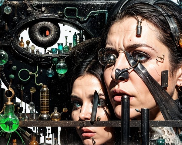 Surreal Steampunk Composition with Female Faces and Lab Elements