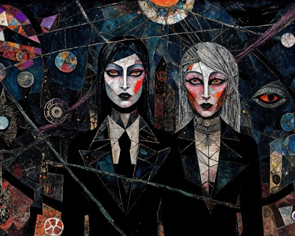 Androgynous Figures in Black Suits with Cosmic Background