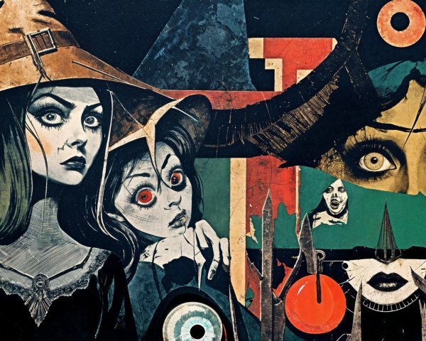 Collage Artwork with Eerie Figures and Bold Colors