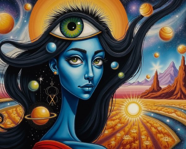 Cosmic Woman with Blue Skin in Surreal Landscape