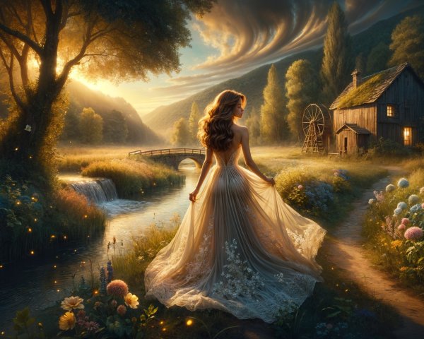 Serene Landscape with Woman by Tranquil Stream