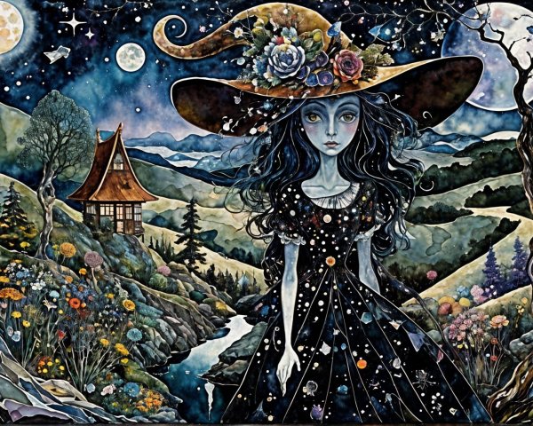 Dreamy Landscape with Girl in Whimsical Hat