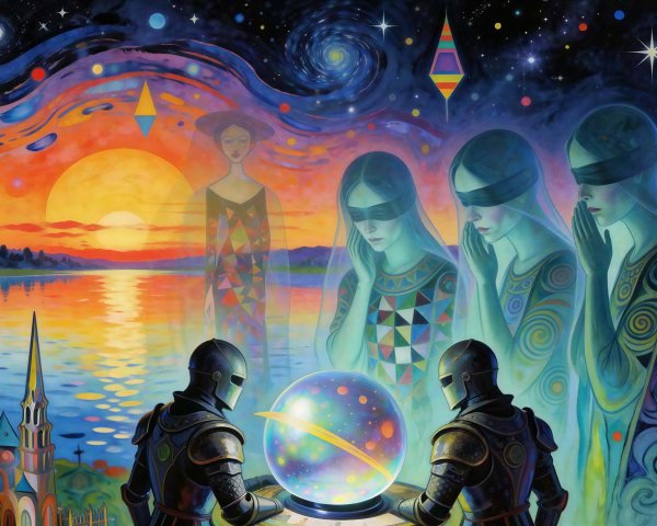 Surreal Scene with Knights and Mystical Crystal Ball
