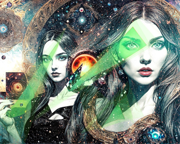 Ethereal Women in Cosmic Fantasy Scene with Light Beams