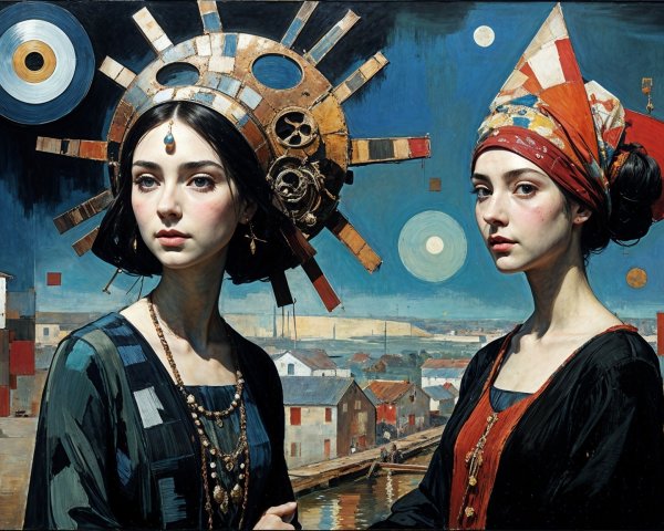 Elegant Women in Vibrant Cityscape with Headdresses