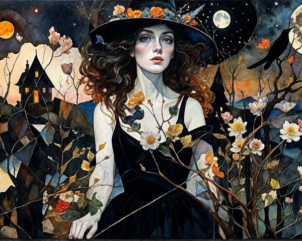 Mystical Autumn Scene with Woman and Haunted House