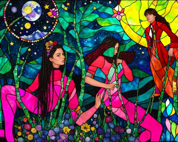 Vibrant Stained Glass Illustration of Two Women
