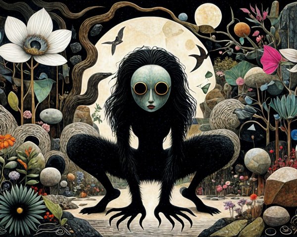 Humanoid Creature in Mystical Landscape with Moon