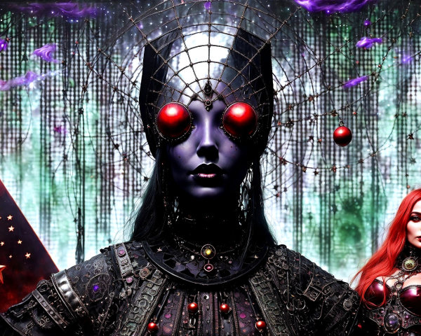 Cybernetic Figure with Red Eyes in Cosmic Setting